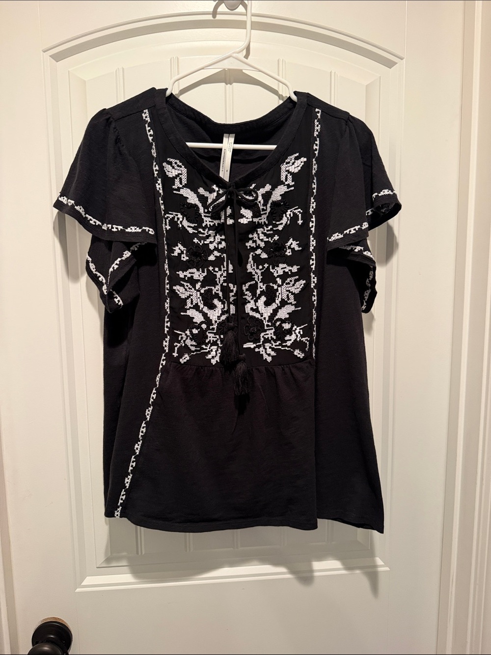Anthropologie Black Embroidered Peasant Top with Tassel Tie